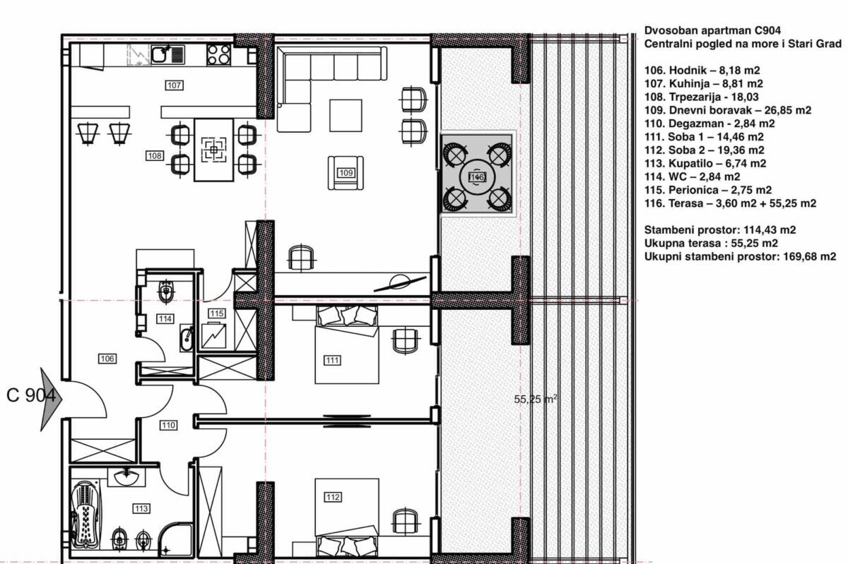 Porto Budva - İki Yatak Odalı Penthouse С904, 11. kat, 169.68 m2 - Merkezi Deniz Manzaralı 1