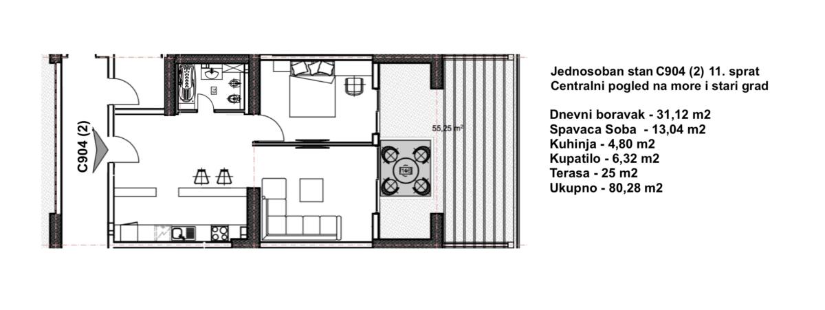 Porto Budva - Bir Yatak Odalı Penthouse С904 (2), 11. kat, 80.28 m2 - Merkezi Deniz Manzaralı 1