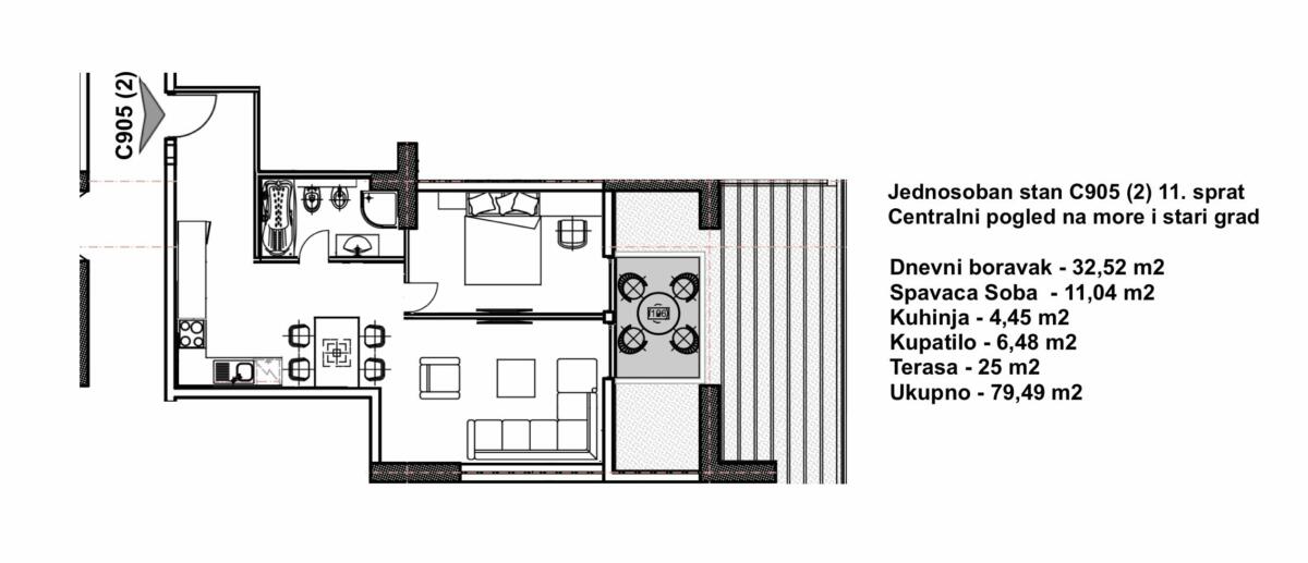 Porto Budva - Jednosoban penthaus С905 (2), 11.sprat, 63.25 m2 - Centralni pogled na more i Stari Grad 1