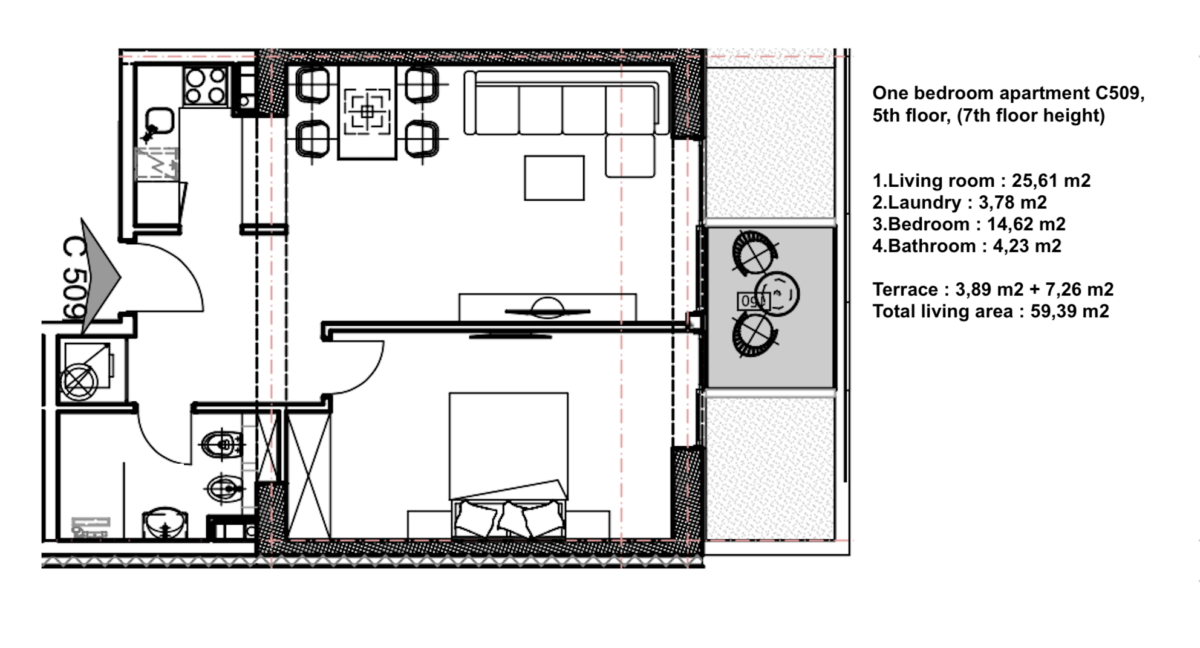 Porto Budva - One bedroom apartment C509, 7th floor, 59.39 m2 - Nature and city view 19