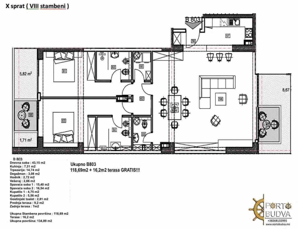 Porto Budva - Jednosoban i 2 studije stanovi B803 10.sprat, 134.90 m2 - Panoramski pogled na more i Stari Grad 1