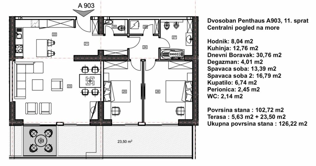 Porto Budva - Dvosoban penthaus A903, 11. sprat, 126.22 m2 - Centralni pogled na more i Stari grad 1